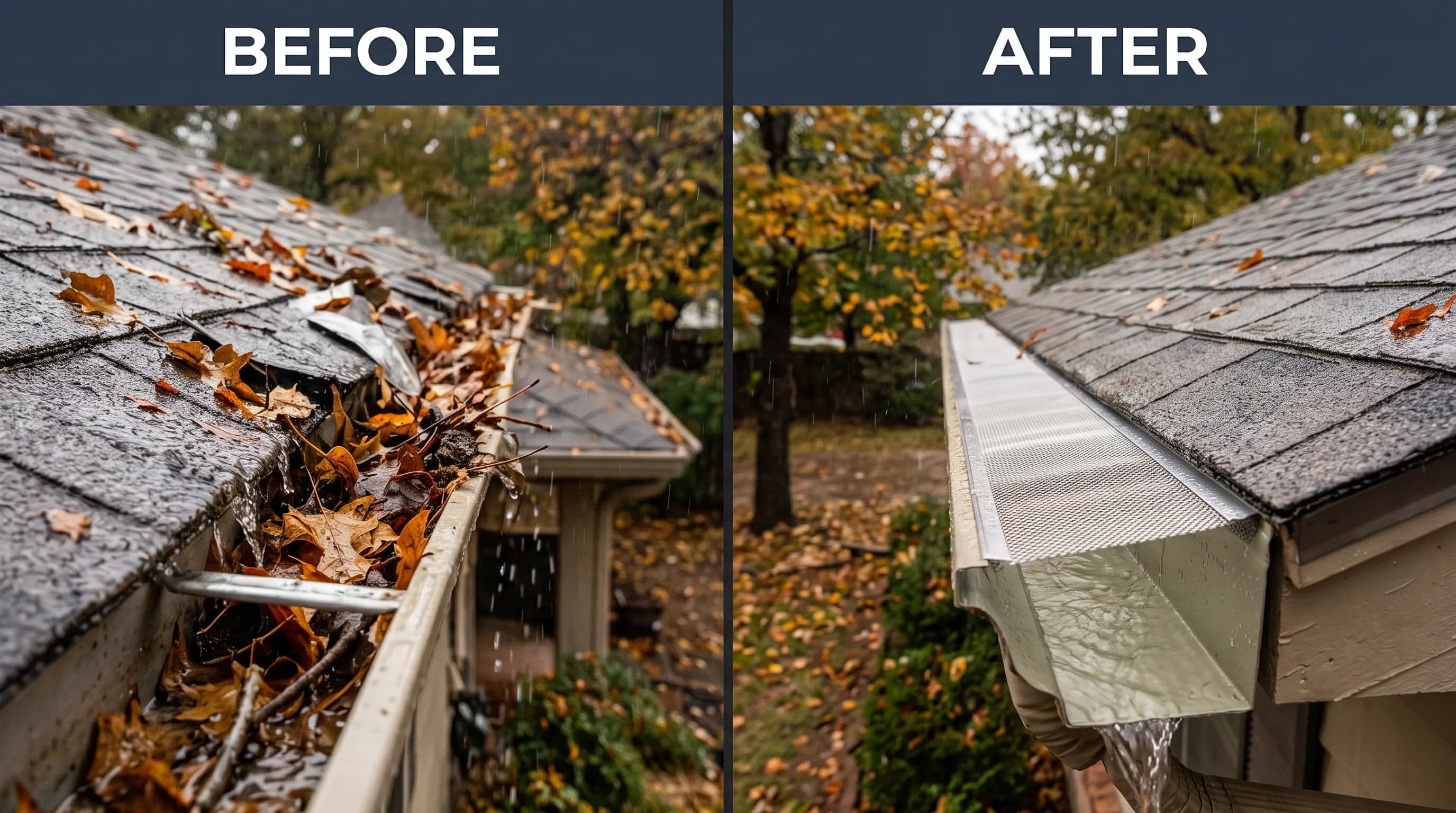 Side-by-side comparison of leaf-clogged gutters versus clean properly draining gutters before winter freezing.