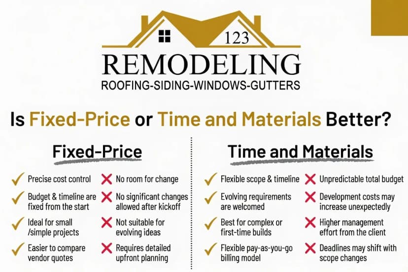 Time & Materials vs Fixed Price side by side comparison table by 123 remodeling OKC